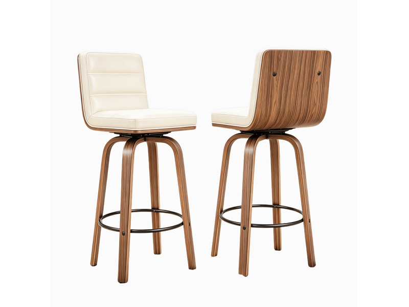  Lot de 2 tabourets de bar pivotants 48x40x90 cm polyuréthane, pieds et repose-pieds, bois, couleur crème, design vintage  - Conforama A