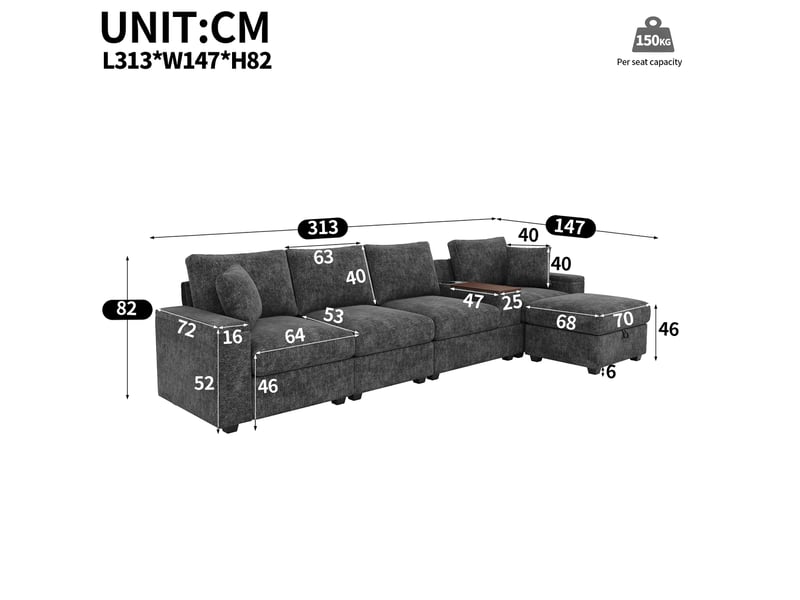 Canapé d’angle modulaire 5 places en chenille gris avec ottomane et rangement - Conforama C