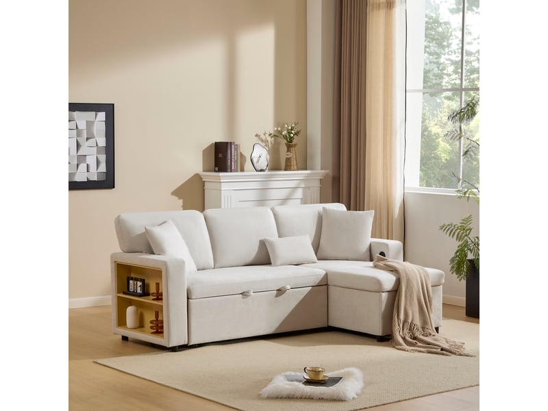  Canapé d’angle convertible 3 places réversible 214x131 cm avec couchage 182x110 cm coffre étagère usb flanelle beige OPULERANE TRADING LTD - Conforama B