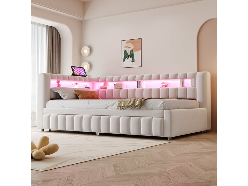  Canapé-lit convertible 90/180x200 cm avec rayures verticales, led et ports usb-c, velours beige, sans matelas  - Conforama R