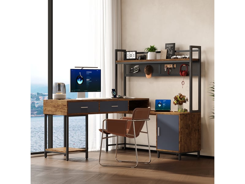  Bureau d'angle en l 140x140x135cm - bureau informatique industriel avec surmeuble, étagère, 2 tiroirs et caisson - noir  - Conforama B