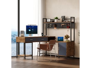 Bureau d'angle en l 140x140x135cm - bureau informatique industriel avec surmeuble, étagère, 2 tiroirs et caisson - noir