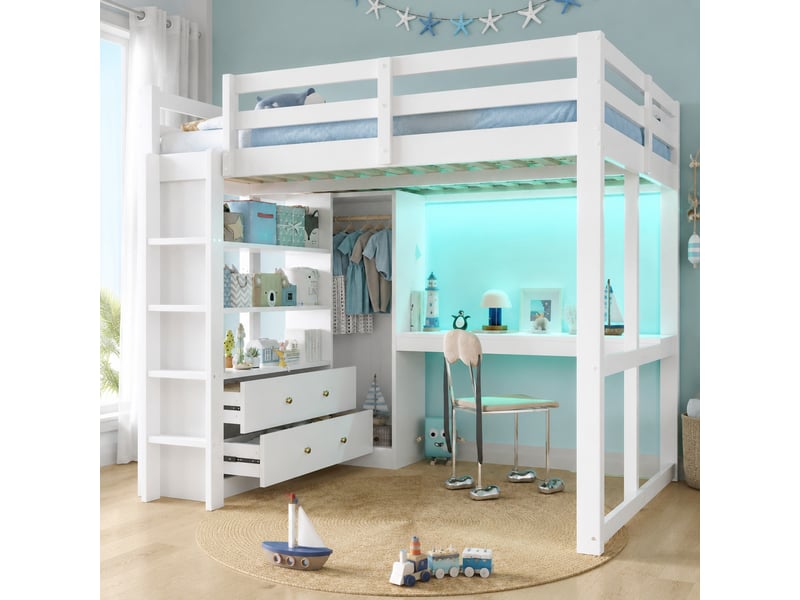  Lit mezzanine 140x200 cm avec bureau, 2 tiroirs, rangements, led et usb, blanc  - Conforama B
