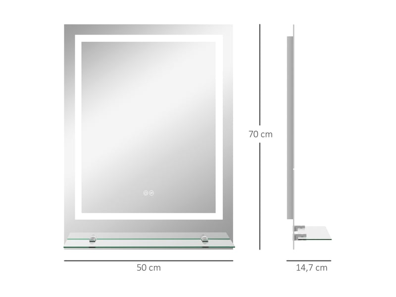 Miroir lumineux de salle de bain à led tactile antibuée avec tablette en verre transparent 70 × 50 × 2,7 cm - Conforama D