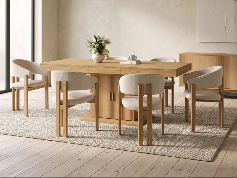 Ensemble table à manger extensible 140-180 cm + 6 chaises en tissu lin, rangement intégré, portes rainurées, étagères amovibles - Conforama B