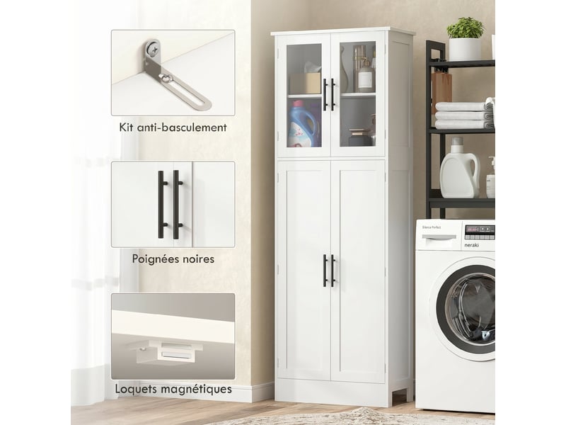  Meuble de salle de bain haut 6 niveaux, blanc, meuble de rangement avec 4 portes dont 2 vitrées et étagères réglables  - Conforama W