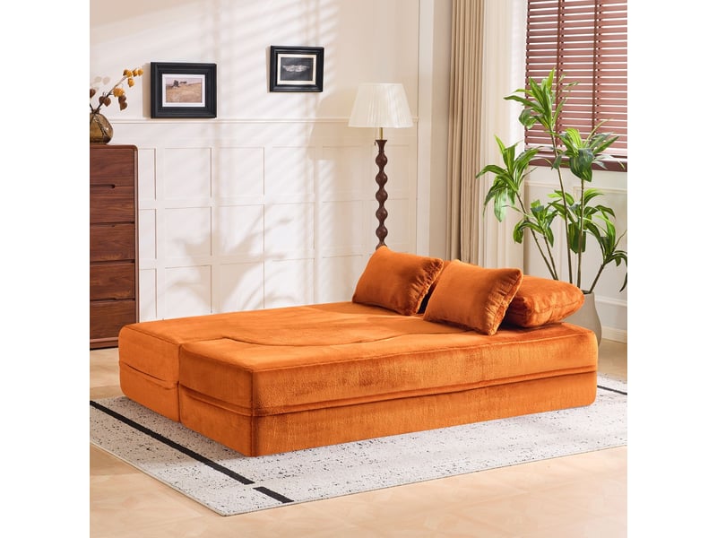 Canapé style moderne couleur orange 4 coussins décoratifs revêtement en flanelle matelas pliant en mousse haute densité confortable - Conforama D