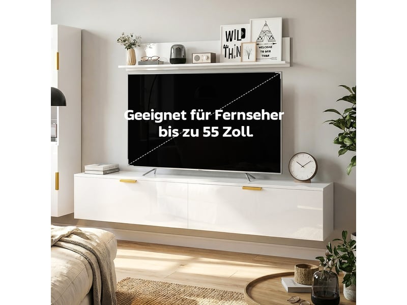 Ensemble meuble tv mural 3 pièces suspendu avec étagère blanc brillant 180 cm  - Conforama E