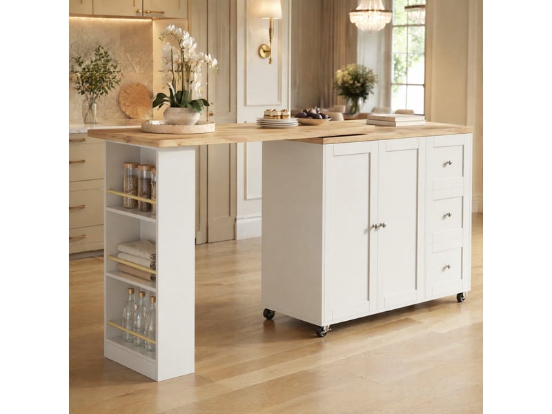  Îlot de cuisine mobile pivotant à 360° avec 3 tiroirs, mdf blanc, 203 cm  - Conforama B