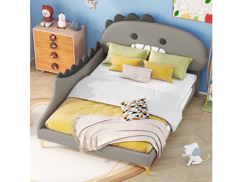  Lit enfant dinosaure 140x200 cm en pu et panneau mdf gris  - Conforama E