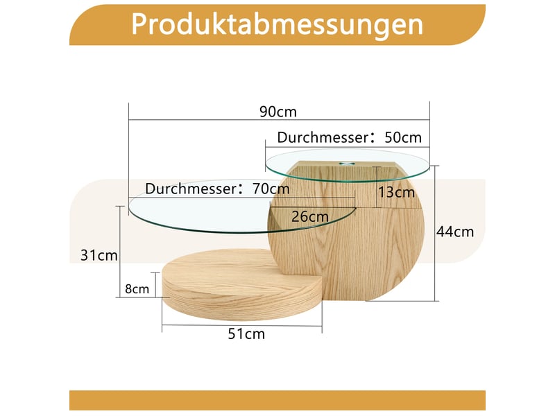  Table basse - 90x51x44cm - en verre trempé &amp; mdf - table de salon multiniveau aspect bois clair - naturel  - Conforama E