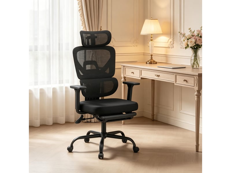  Chaise de bureau pivotante avec dossier inclinable, accoudoirs réglables et repose-pieds en maille noire  - Conforama B