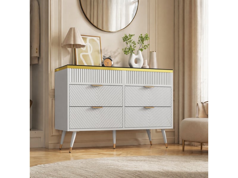  Commode 6 tiroirs avec plateau en verre brun – blanc – 120 x 40 x 76 cm  - Conforama C