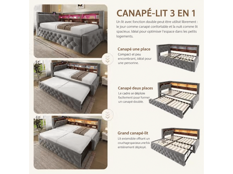 Canapé-lit 90x190 cm velours gris foncé extensible accoudoirs rangement tête de lit bois + tablette led usb-c lattes  - Conforama E