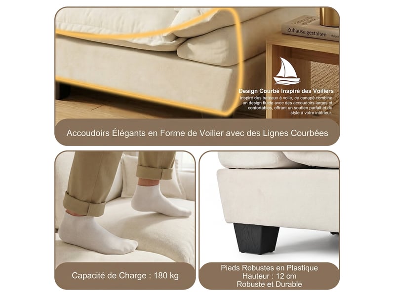 Canapé d'angle modulaire style nuage 194x151 cm avec ottomane mobile et coussins en chenille - Conforama W