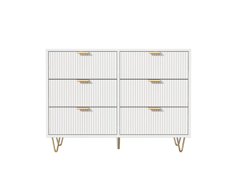 Commode à 6 tiroirs, 100x34x73cm, avec dispositif anti-basculement, en bois et métal, style moderne, blanc et or - Conforama A