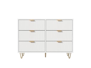 Commode à 6 tiroirs, 100x34x73cm, avec dispositif anti-basculement, en bois et métal, style moderne, blanc et or