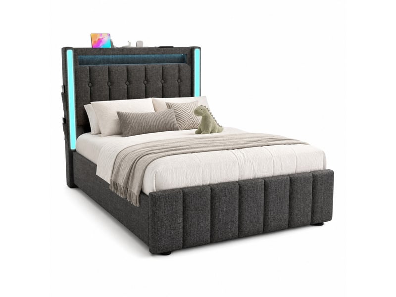 Lit avec tiroirs, lit simple 90x200 cm en lin avec usb, type-c et led, 2 tiroirs, sans matelas, gris - Conforama A