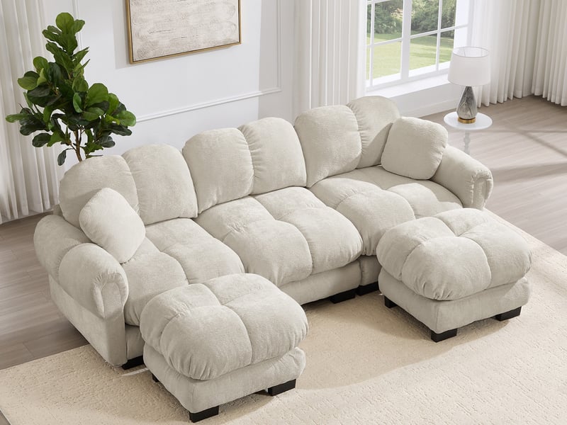  Canapé modulable en u 3 places avec ottomane et coussins décoratifs en tissu beige  - Conforama B