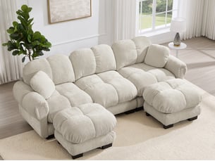 Canapé modulable en u 3 places avec ottomane et coussins décoratifs en tissu beige