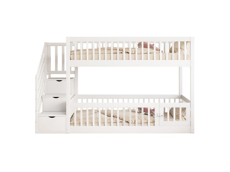  Lit superposé enfant 90x200 cm – blanc – escalier à tiroirs et porte ouvrante sécurisée pour rangement intégré  - Conforama A