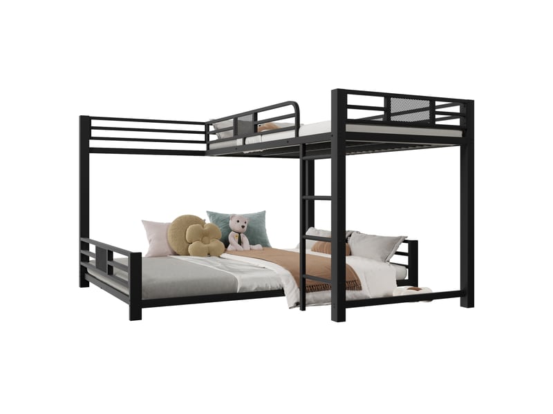  Lit superposé en métal 90x200 cm et 140x200 cm en l-barrières de sécurité-structure gain de place-noir  - Conforama A