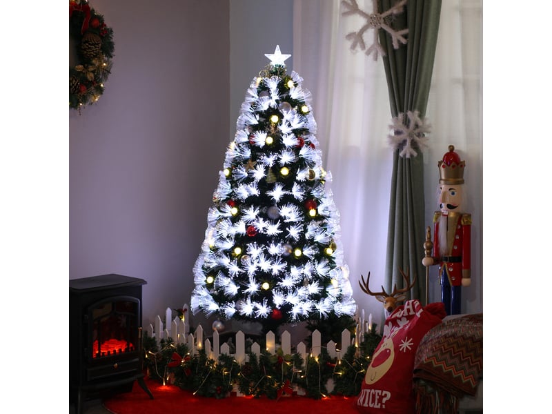  Sapin de noël artificiel lumineux 120h cm fibre optique led + 20 ampoules + support pied 130 branches étoile sommet brillante vert  - Conforama A