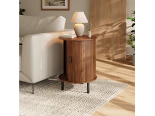 Table de chevet ronde avec 1 porte coulissante et 1 étagère, en mdf et panneaux, noyer, 48 × 48 × 65 cm