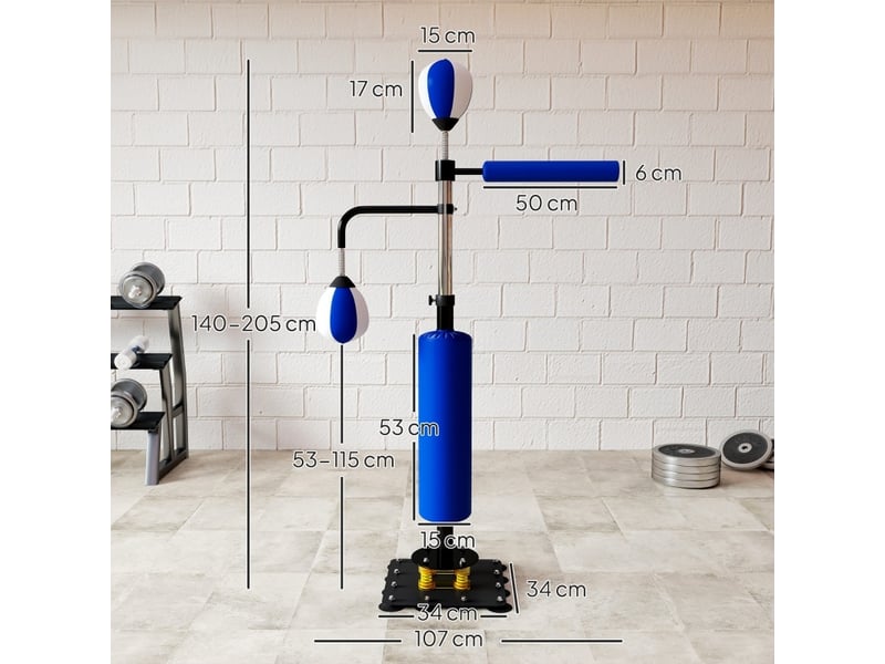 Station de boxe sur pied 107 x 36 x 140-205 cm – bleue – speedballs, barre rotative et pad de frappe - Conforama C