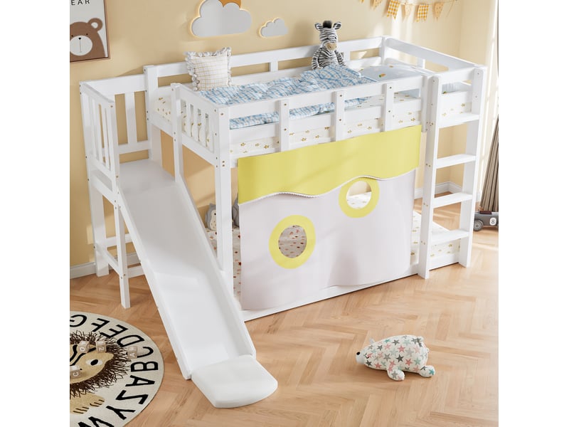  Modenvie lit superposé 90x200 cm - avec escalier, toboggan et rideaux - pour chambre d'enfant - blanc  - Conforama D