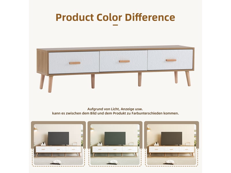  Meuble tv bas blanc et bois, style vintage avec trois tiroirs, meuble tv 150 cm pour grand écran, salon ou chambre  - Conforama R