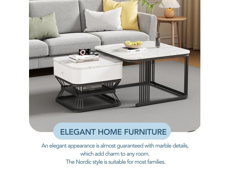  Tables basses gigognes avec 1 tiroir et rangement ouvert, finition brillante effet marbre, pour salon  - Conforama E