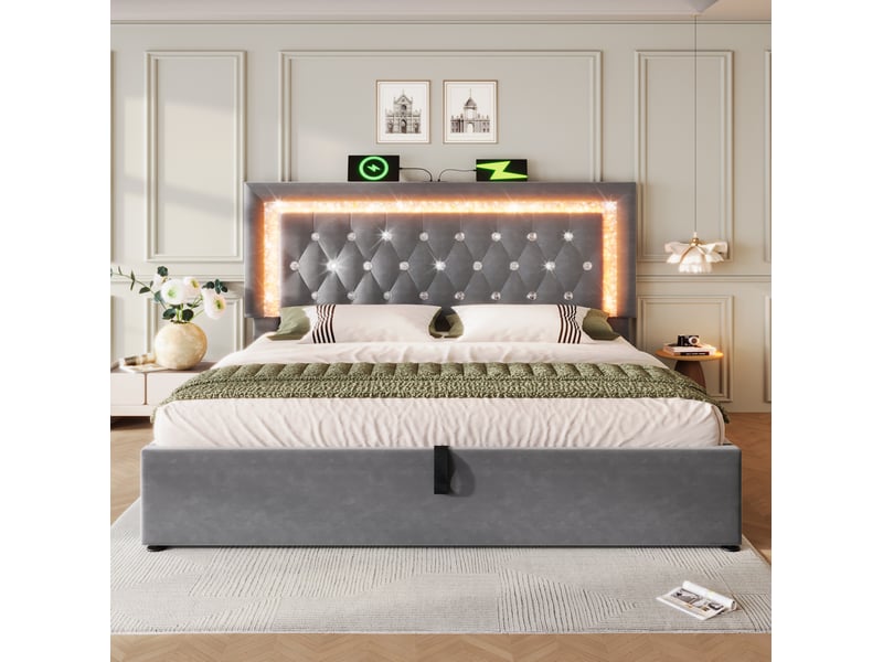  Lit avec coffre, 160x200 cm, avec bande led, système de recharge usb et type c, matelas inclus, métal, coloris gris  - Conforama D