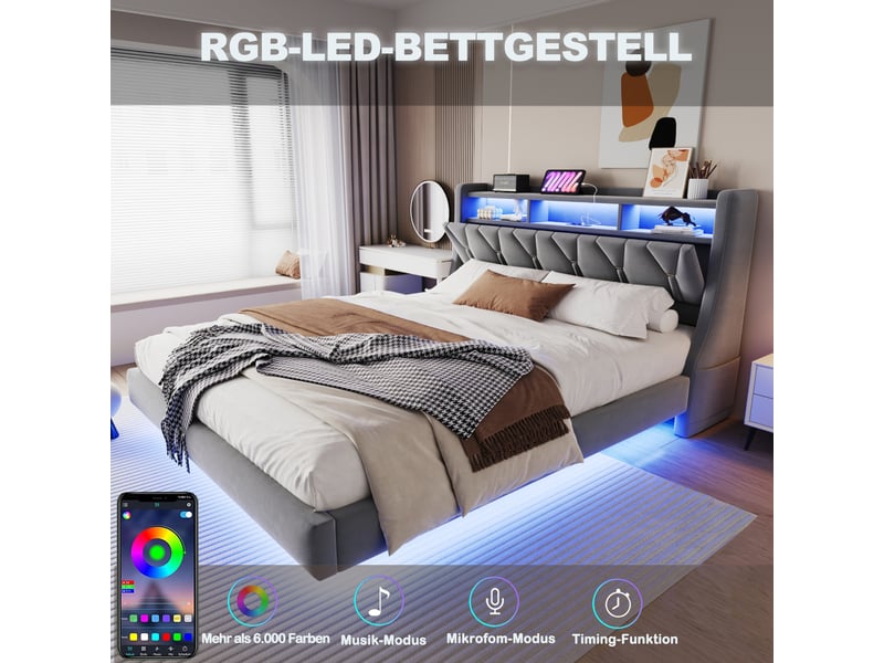  Lit double rembourrés 180x200 cm avec éclairage led, cadre de lit 2 personnes en gris, tête de lit rabattable avec prise électrique  - Conforama R