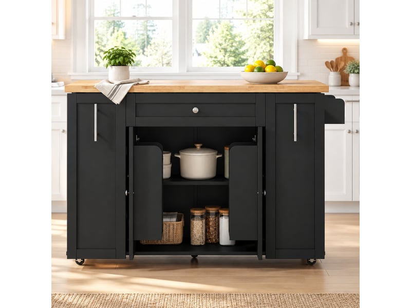  Îlot de cuisine mobile 120x70x87 cm avec plateau rabattable en mdf, noir et naturel  - Conforama D