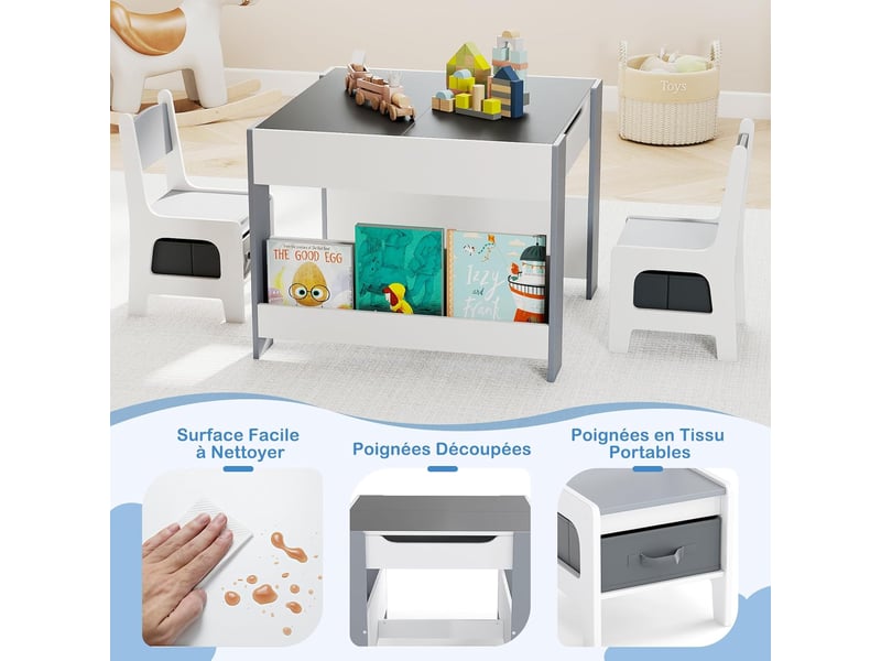 Costway 4 en 1 table enfant avec 2 chaises en tissu et bibliothèques, plateaux réversibles double face (gris)  - Conforama E