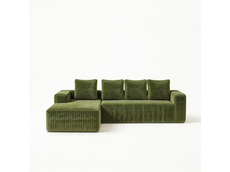  Canapé d'angle modulaire 4 places avec méridienne réversible sans montage en velours côtelé vert  - Conforama A