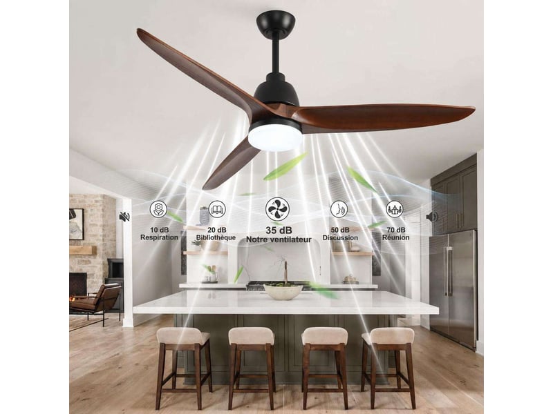  Ventilateur de plafond 56 pouces de hyundai, avec éclairage et télécommande, trois pales en bois massif, 3cct, ventilateur réversible à six vitesses, fonction mémoire, idéal pour la décoration intérieure  - Conforama C