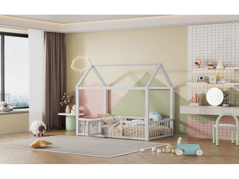  Lit cabane enfant 90x200 cm blanc avec barrières et portillon  - Conforama W
