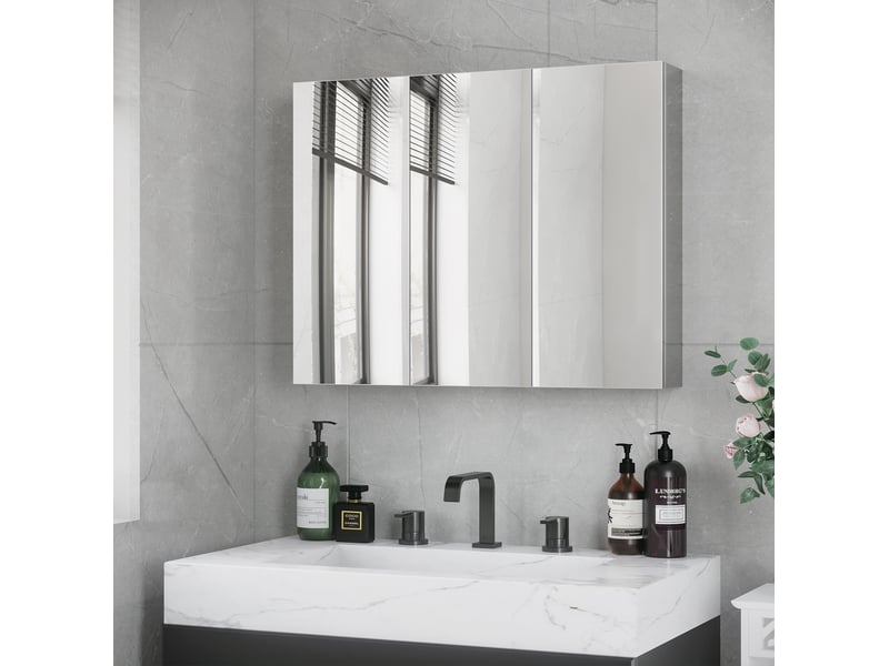  Meuble de salle de bain miroir mural 70x12x55 cm, 3 portes en verre, 5 niveaux, métal, argenté  - Conforama B