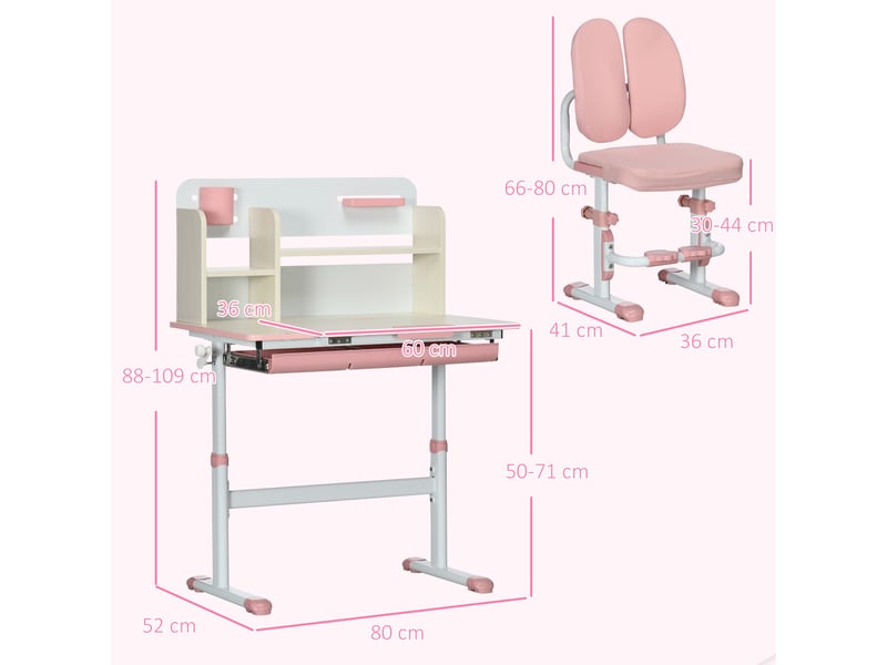 Bureau enfant avec chaise réglable rose, plateau inclinable et rangement, 3 à 12 ans  - Conforama E