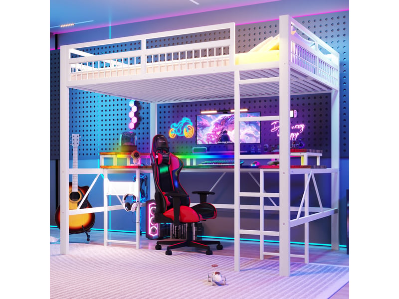  Lit mezzanine avec bureau 140x200 cm, led et 2 prises, lit surélevé avec ports usb et usb-c, panneau perforé, métal et mdf, blanc  - Conforama B