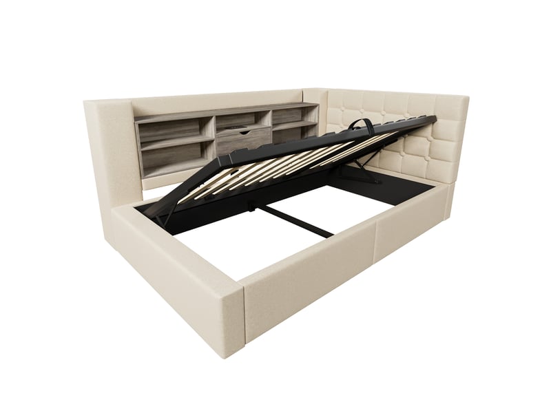  Lit coffre, lit enfant 90x200 cm, rangement hydraulique, led, sommier à lattes, matelas inclus, lin beige  - Conforama B