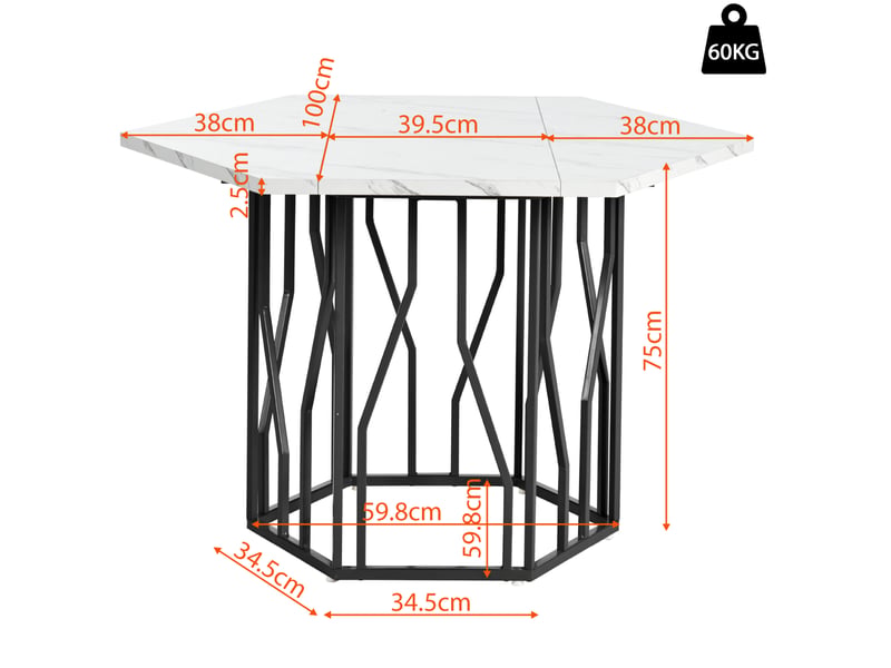  Table hexagonale moderne 115,5x100x75cm, support en forme de branche, motif marbre (non en marbre), mdf, blanc et noir  - Conforama D