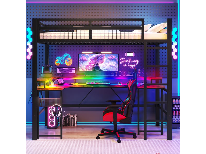 Lit mezzanine avec bureau 90x200 cm, led et 2 prises, lit surélevé avec ports usb et usb-c, panneau perforé, métal et mdf, noir - Conforama C