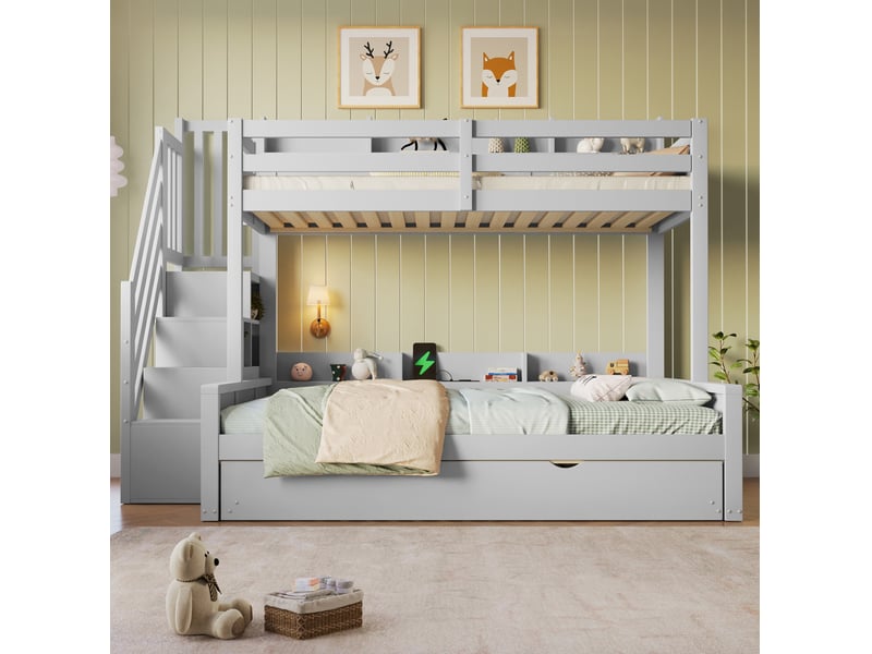 Lit superposé modenvie avec lit gigogne 90 x 200 cm et 140 x 200 cm rangement usb gris - Conforama D