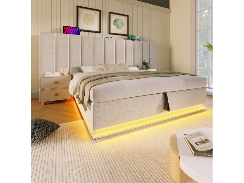 Lit coffre double 180x200 cm avec led 360° et chargeur usb et type-c, lit adulte avec sommier à lattes, lin beige, sans matelas - Conforama W