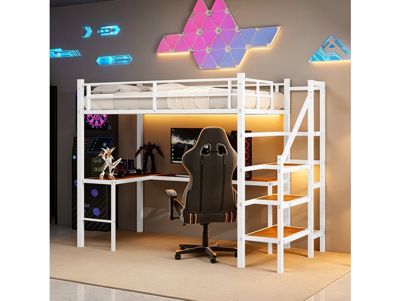  Lit mezzanine, 90x190 cm, couchage en hauteur, avec bureau en l, rangements, matelas non inclus, métal, coloris blanc  - Conforama B