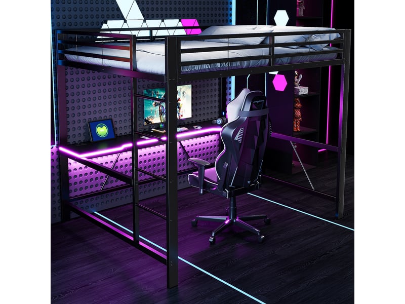  Lit mezzanine gaming 160x200 cm noir en métal avec led, usb et bureau intégré pour chambre moderne.  - Conforama E