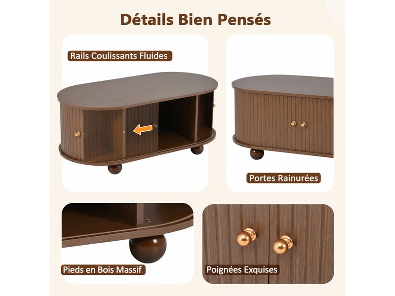  Table basse - ovale - portes coulissantes - grand rangement - mdf - 100x55x40cm - effet noyer  - Conforama B